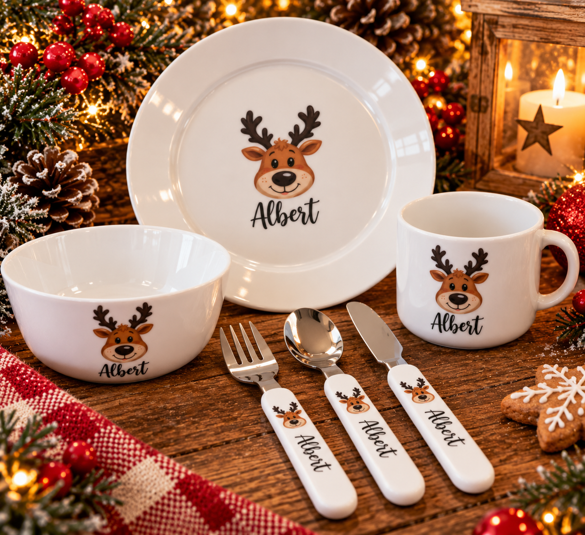 Personalised Christmas Reindeer Tableware – Plates, Cups, Bowls & Cutlery