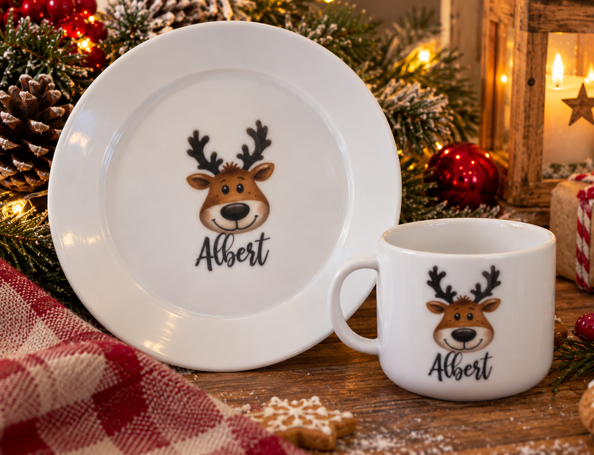 Personalised Christmas Reindeer Tableware – Plates, Cups, Bowls & Cutlery