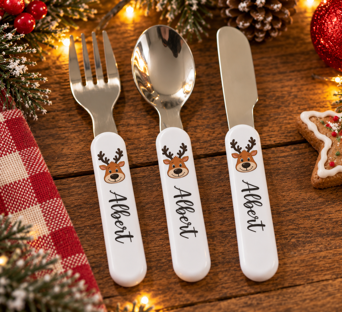 Personalised Christmas Reindeer Tableware – Plates, Cups, Bowls & Cutlery