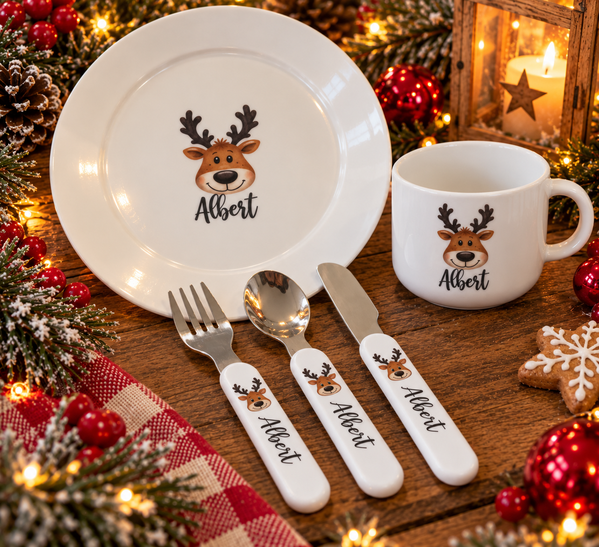 Personalised Christmas Reindeer Tableware – Plates, Cups, Bowls & Cutlery