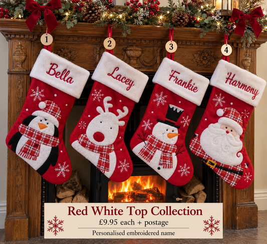 Personalised Red White Top Christmas Stocking Collection.