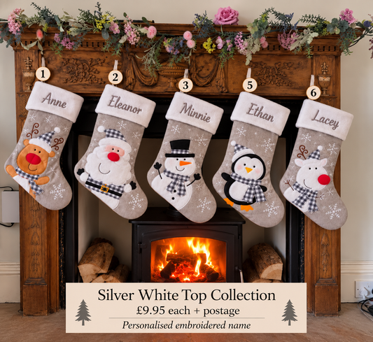 Personalised Silver White Top Christmas Stocking Collection.